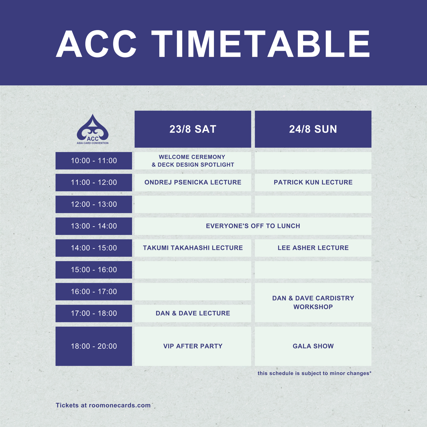 ACC Timetable with event schedule on a light gray background