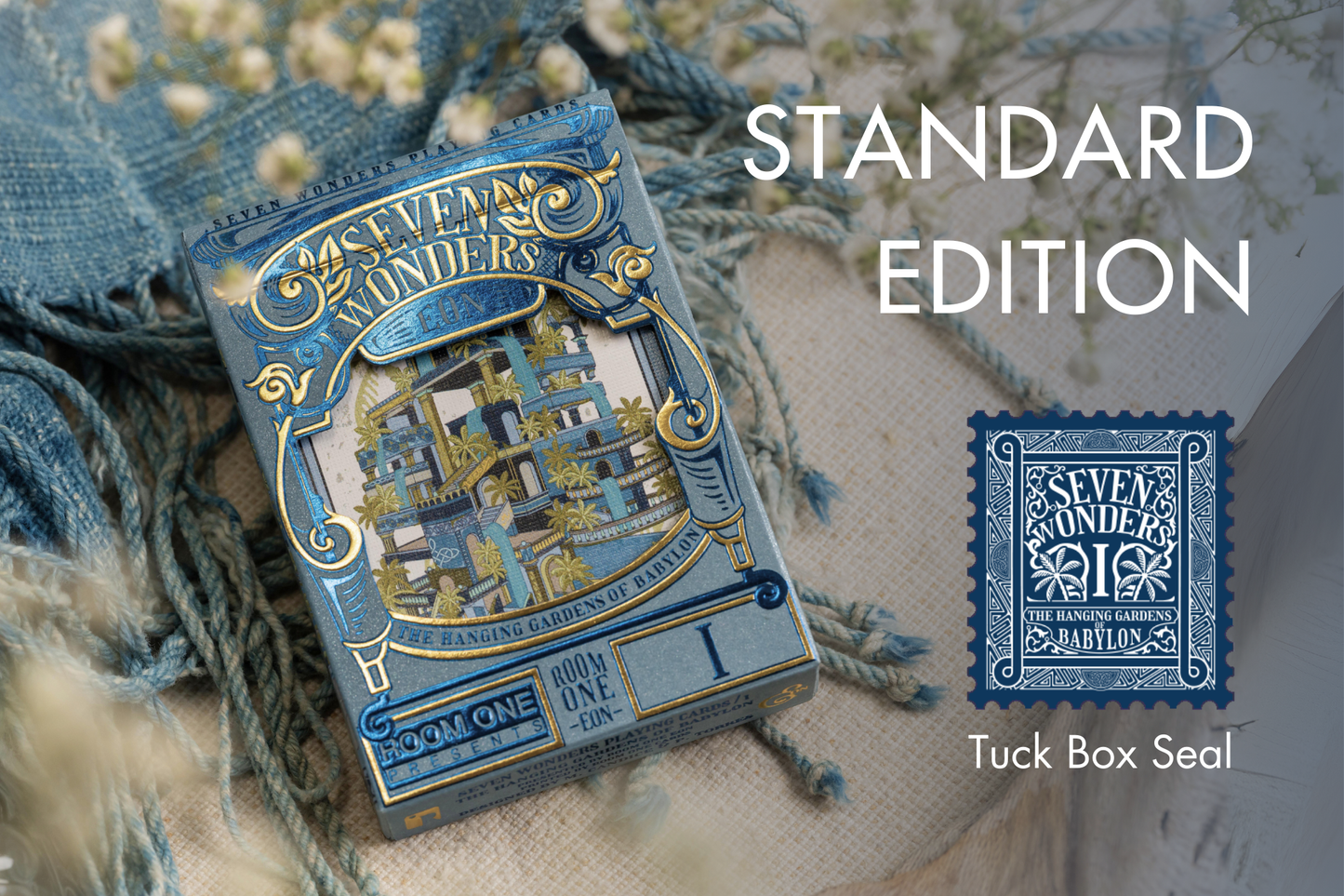 Standard Edition Seven Wonders Playing Cards with decorative elements on a textured surface