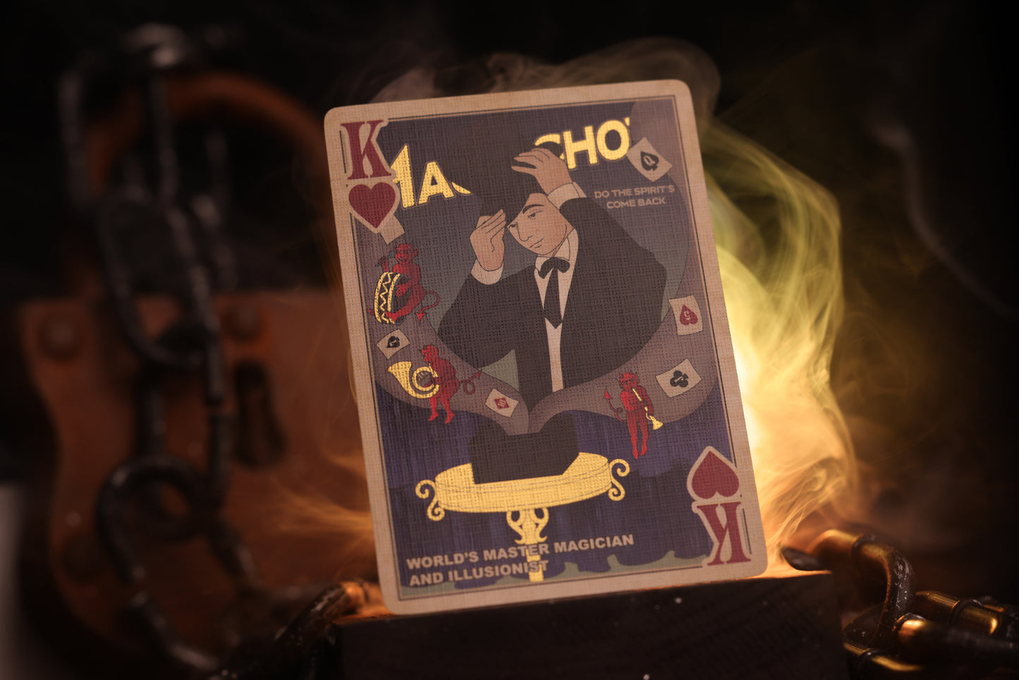 Court card with a magician design on a dark background