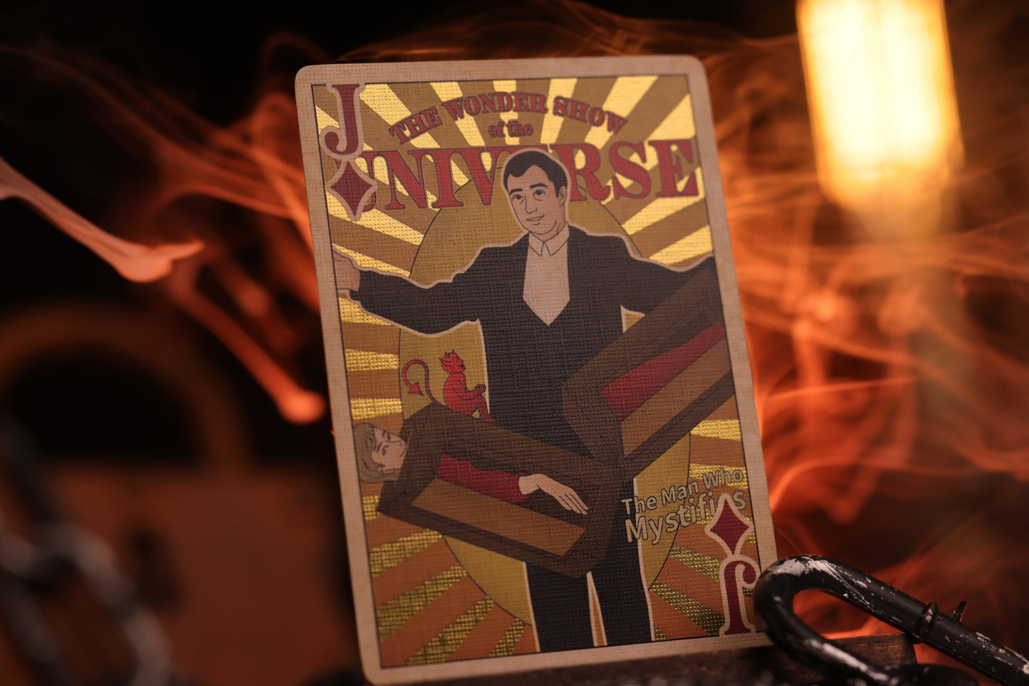 Vintage-style court card with a magician set against a fiery background