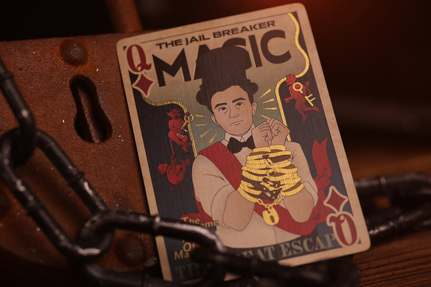 Court card with a character holding money, surrounded by chains and lock, on a dark background.