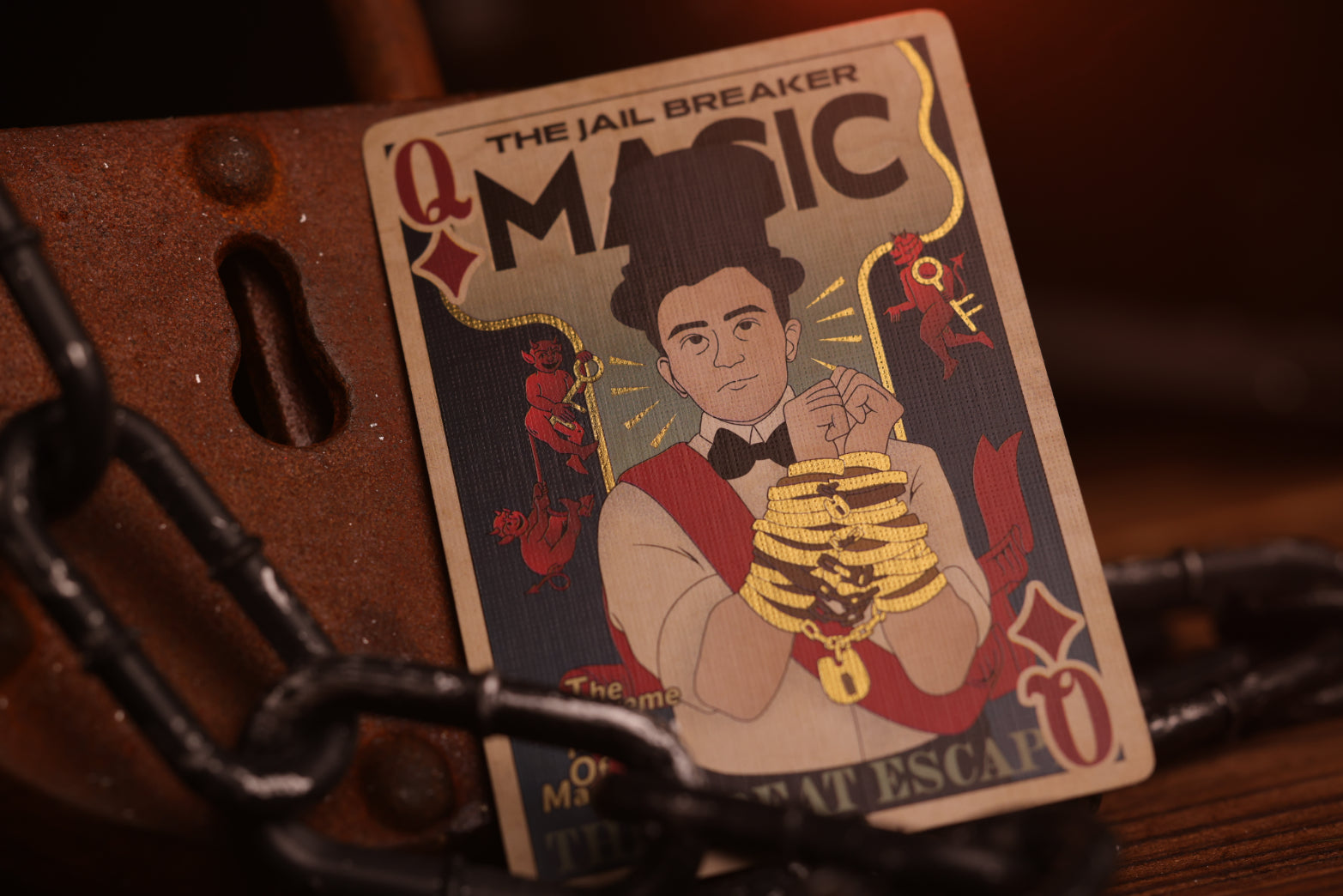 Court card with a character holding money, surrounded by chains and lock, on a dark background.