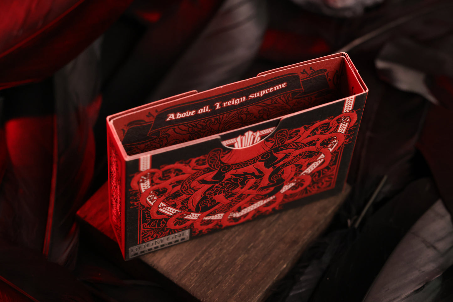 MYTHIC edition Wrath of Darkness playing card tuck box with intricate designs on a dark background