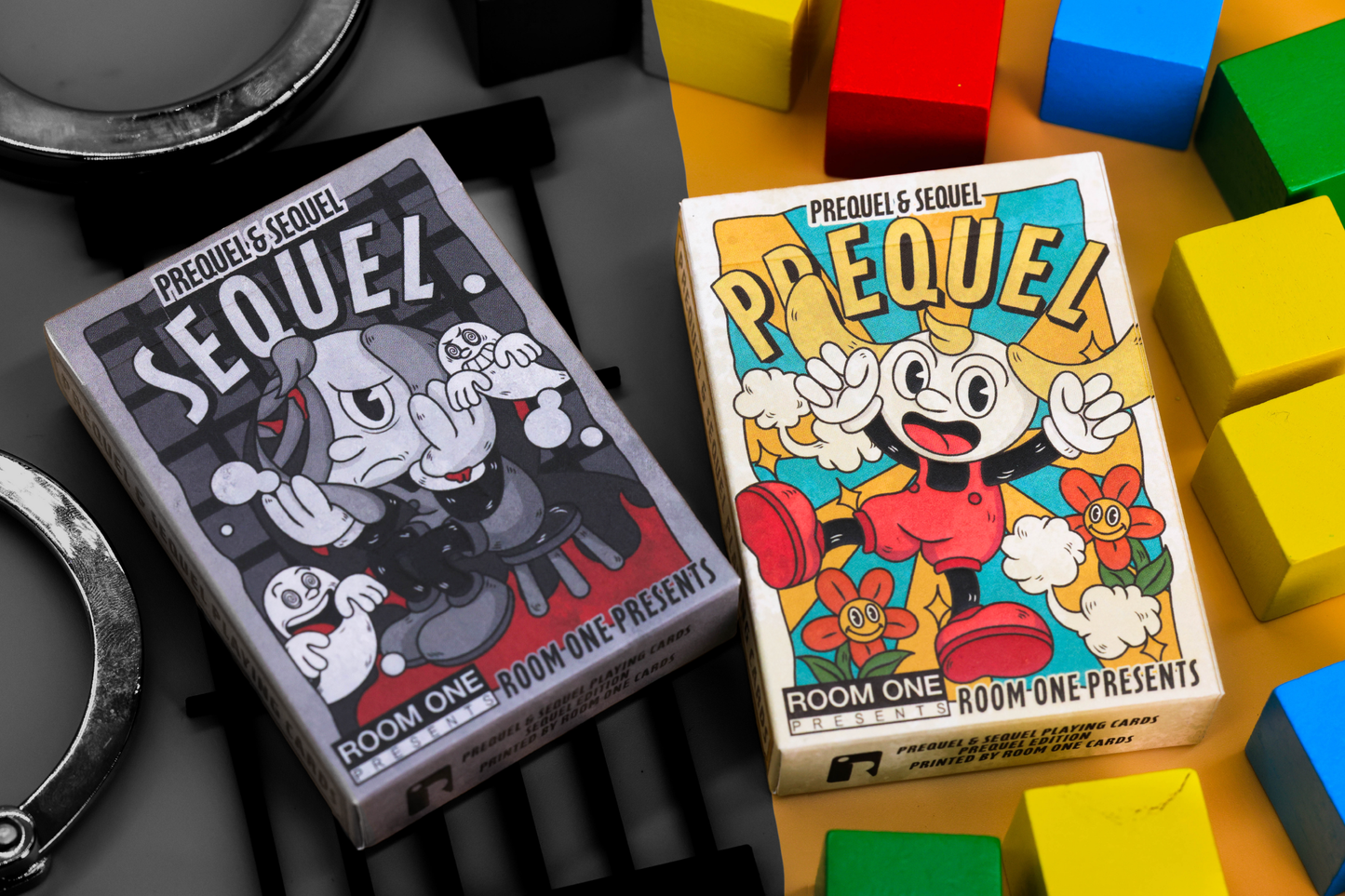 Two card decks labeled 'Prequel' & 'Sequel' with colorful geometric blocks in the background.