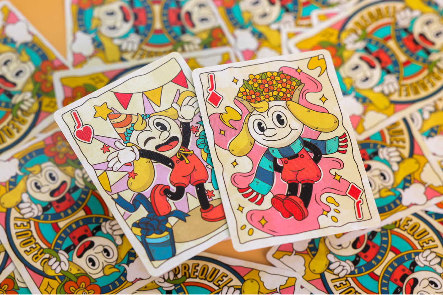Prequel Edition Court Cards, featuring colorful playing cards with cartoon characters on a background of matching card backs