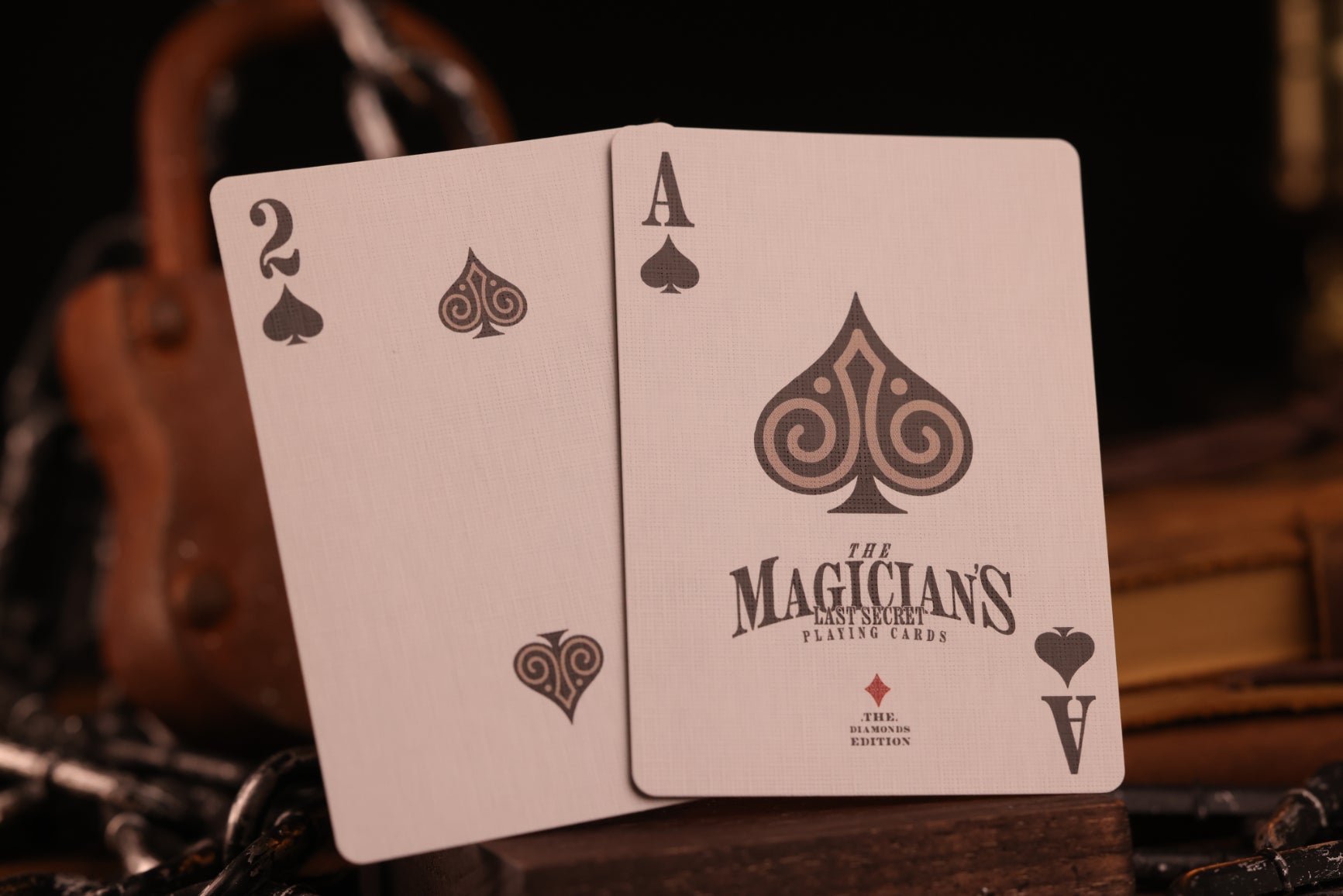 Diamonds Edition Number cards, Ace of Spades and Two of Spades, from 'The Magicians Last Secret' deck on a dark background.