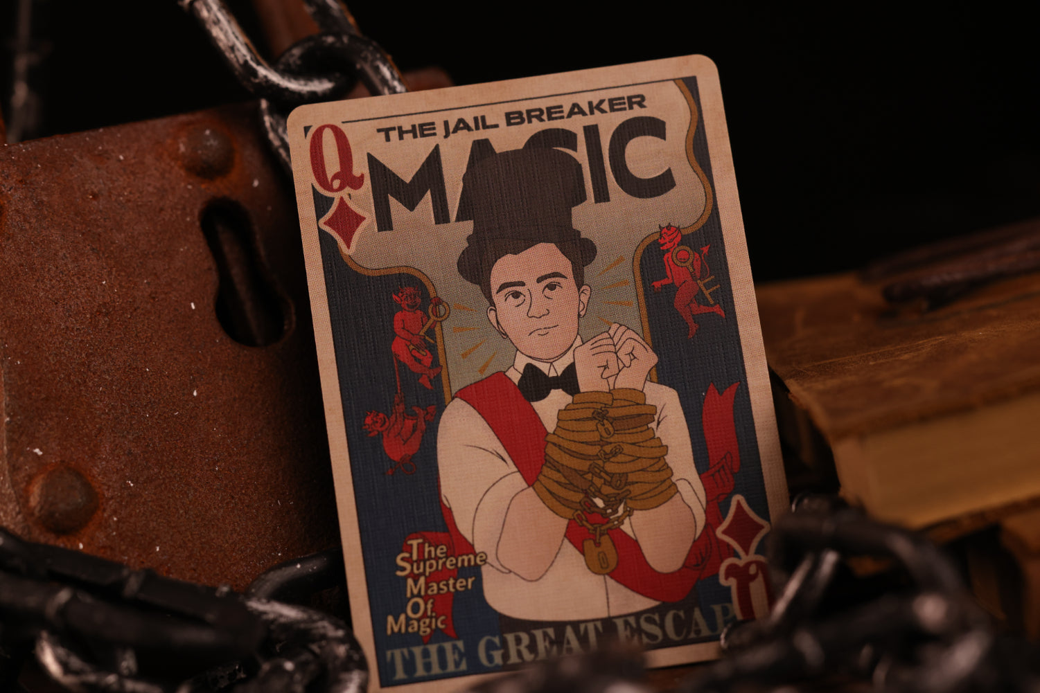 Court card featuring a magician with text 'The Jail Breaker Magic' on a dark background