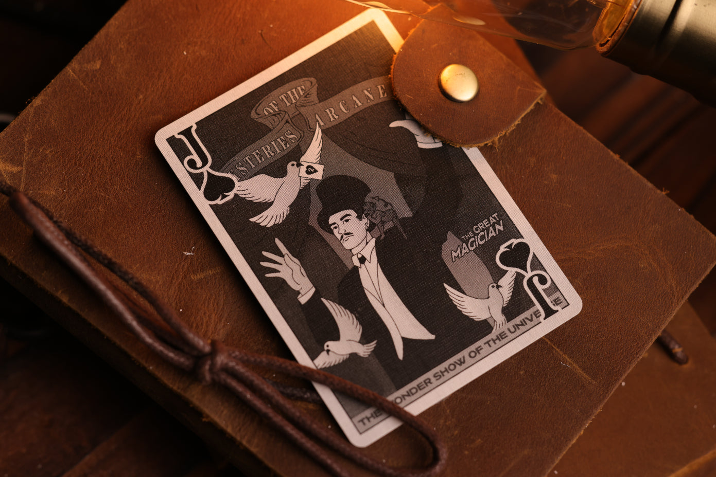 Court card featuring a vintage-style magician poster illustration on a brown leather surface