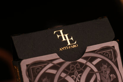 Clubs Edition tuck box with a gold hot foil 'AntiFaro' branding on a dark background