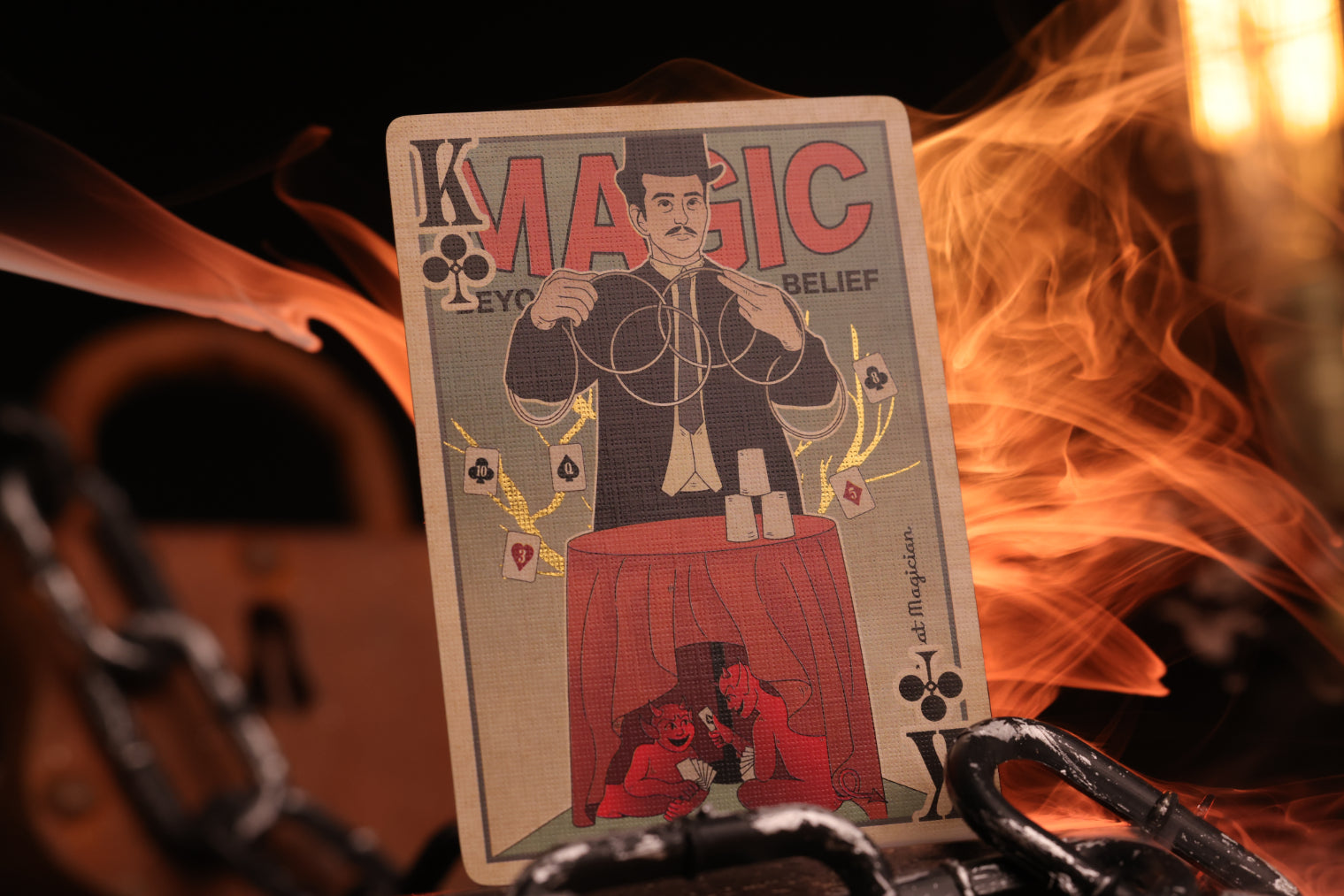 Court card with a magician design on fire