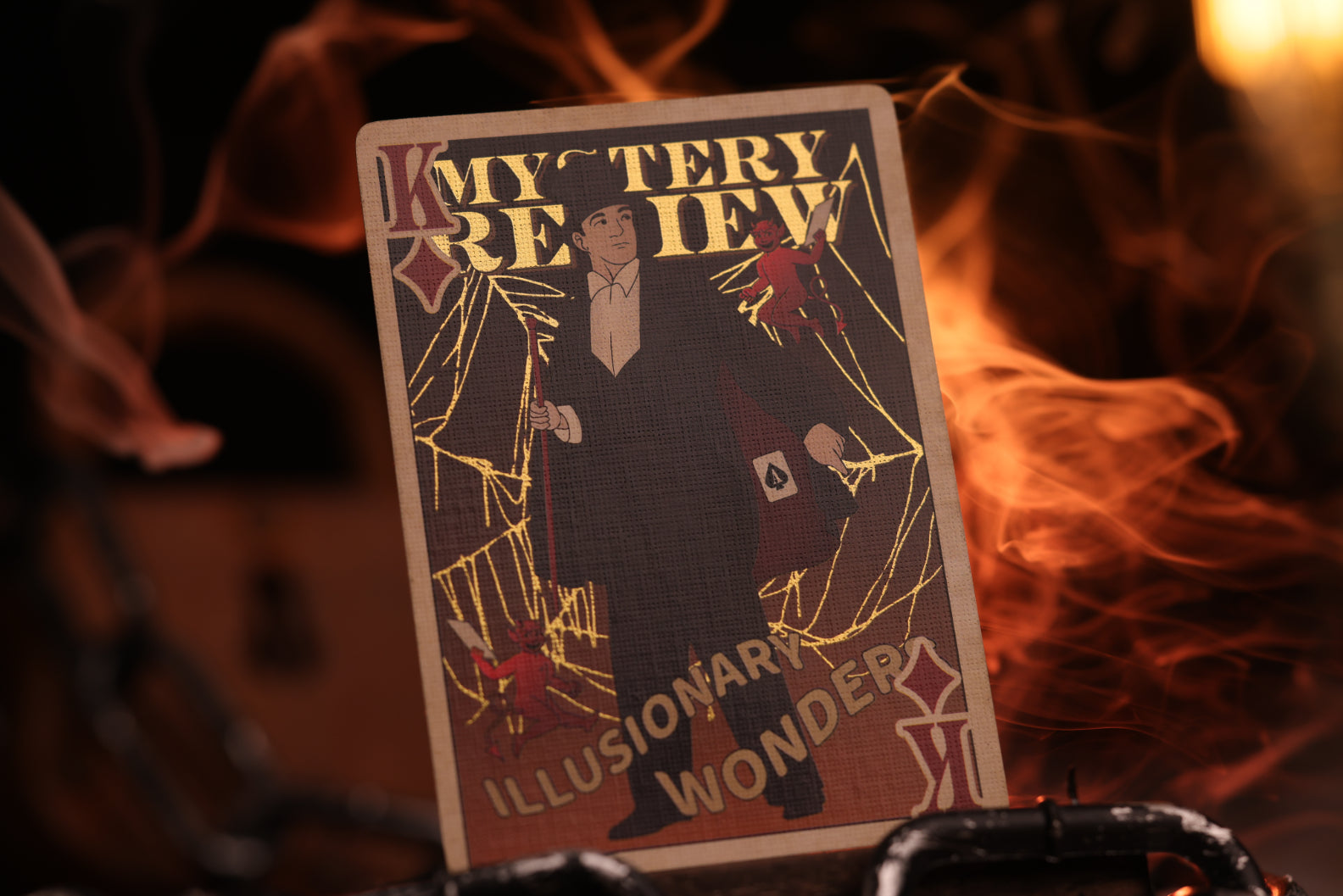 Court card with a vintage magician design against a fiery background