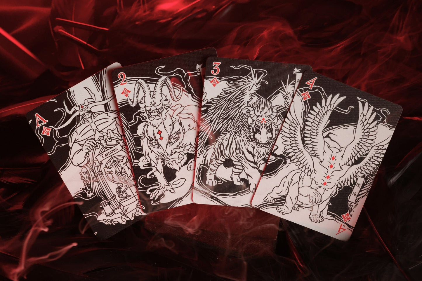 MYTHIC edition Wrath of Darkness cards with intricate designs on a dark background, featuring text about product variation and color scheme.