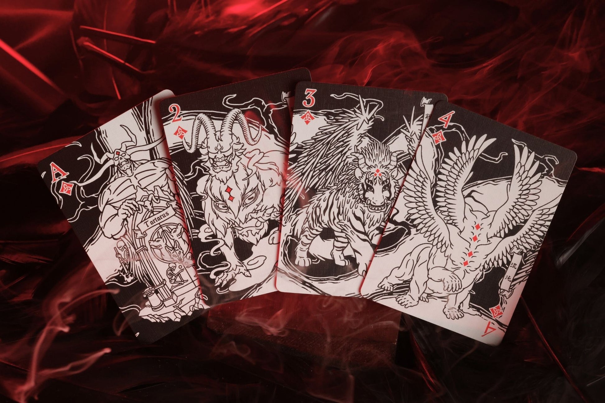 MYTHIC edition Wrath of Darkness cards with intricate designs on a dark background, featuring text about product variation and color scheme.