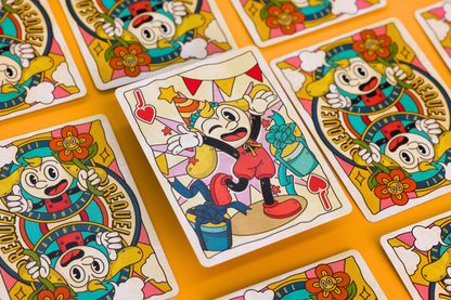 Prequel Edition Jack of Hearts surrounded by Colorful prequel edition card backs with cartoon character design on a yellow background