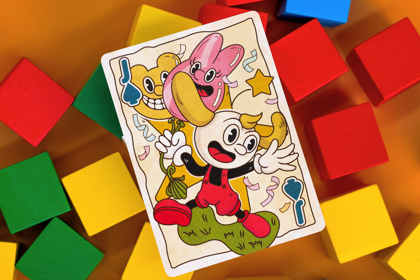 Prequel Edition Court Card with cartoon characters surrounded by colorful blocks on a wooden surface