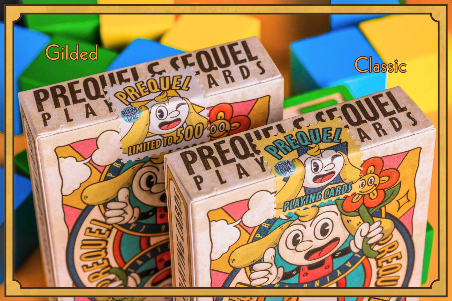 Two boxes of Prequel playing cards, one labeled 'Gilded' and the other 'Classic', with cartoon character design.