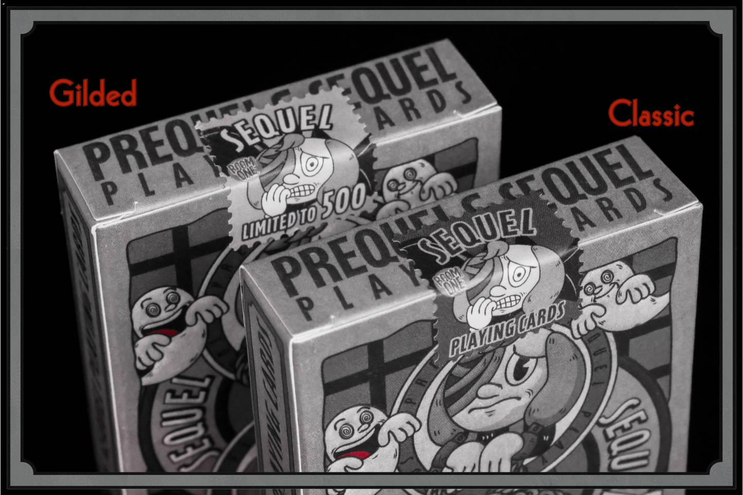 Two boxes of Prequel Playing Cards, one labeled 'Gilded' and the other 'Classic', with cartoon character design.