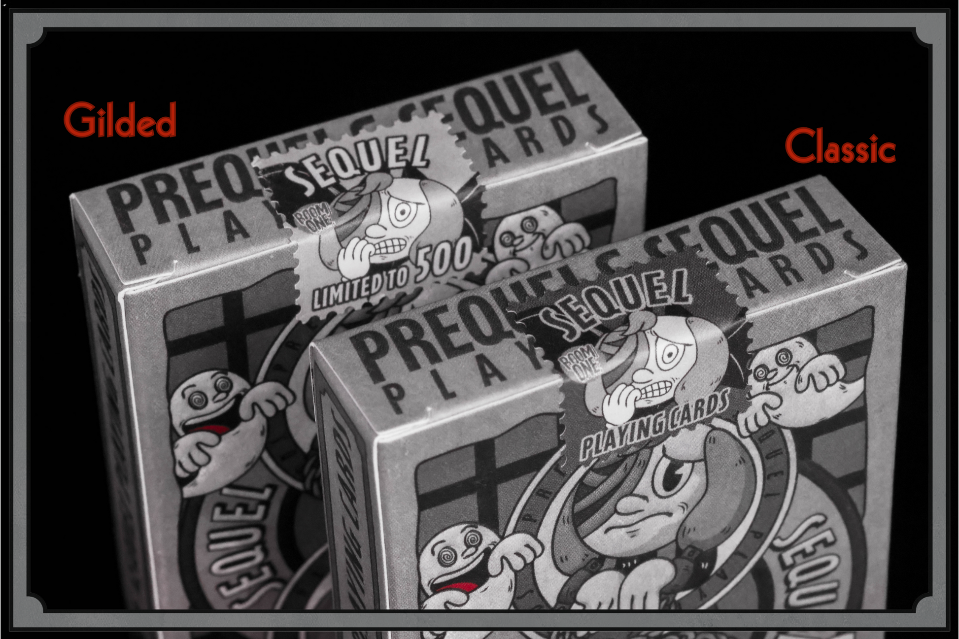 Two boxes of Prequel Playing Cards, one labeled 'Gilded' and the other 'Classic', with cartoon character design.