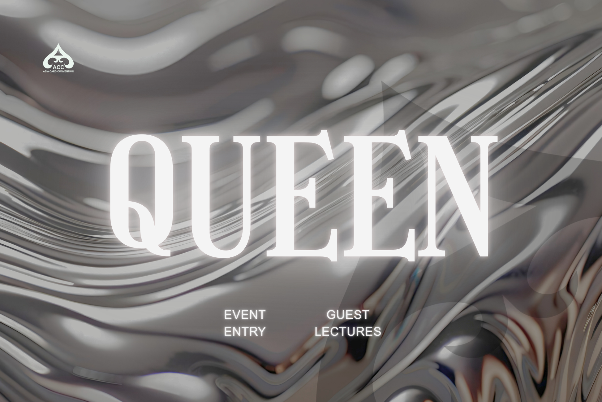 Promotional graphic for 'QUEEN' ticket tier with perks on a wavy metallic background