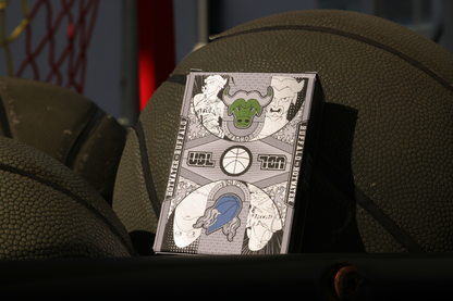 Rear view of the Special Edition UBL Playing Cards Tuck Box with silver hotfoiling design on a textured surface